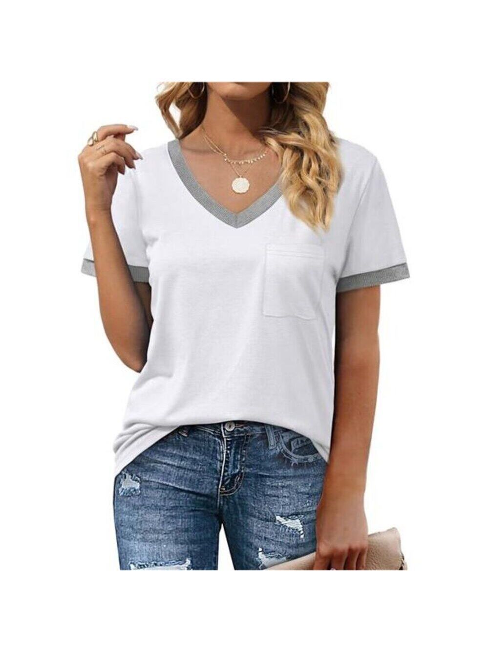 White V-Neck T-Shirt with Gray Trim & Pocket  Short Sleeve Loose Casual Tops